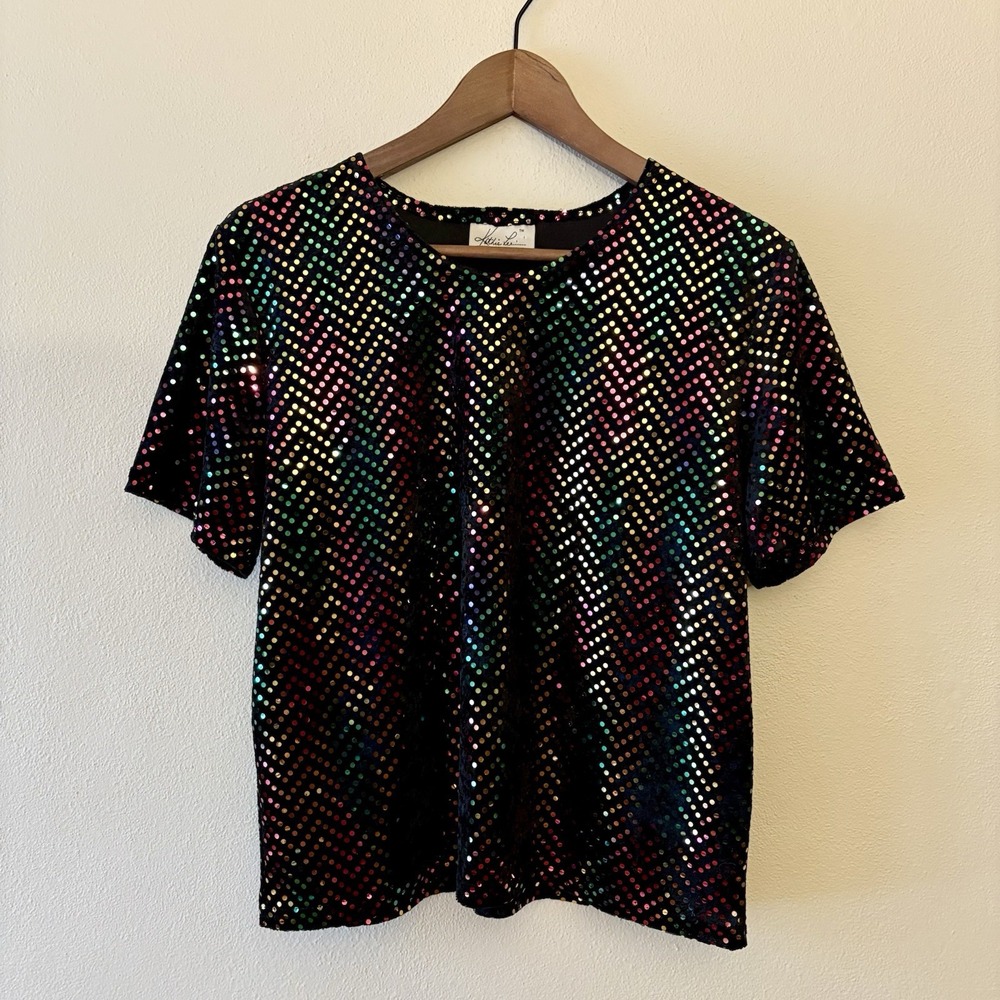 Vintage Kathie Lee‎ Collection Black Velour Rainbow Sequin Top